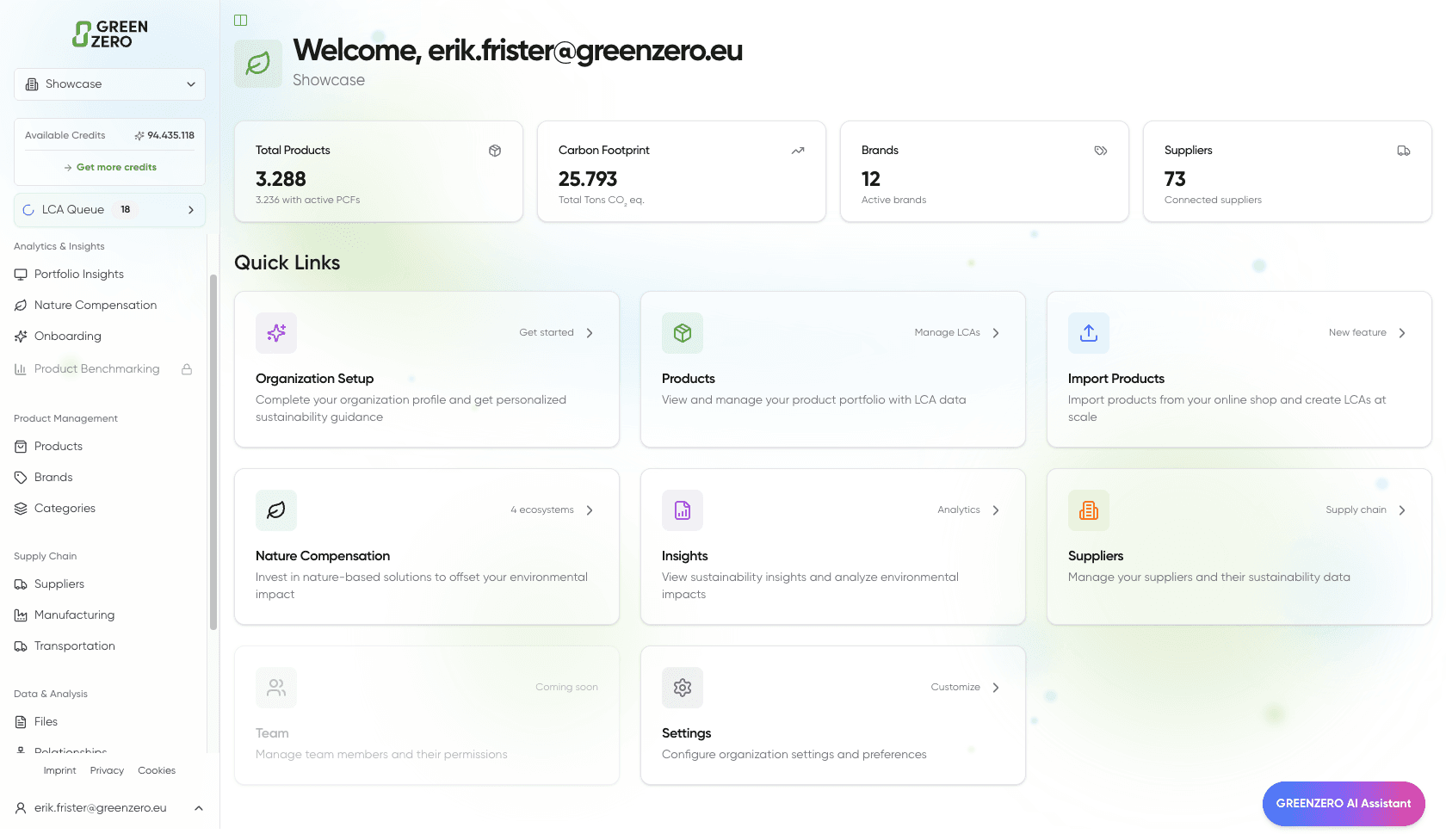 GREENZERO Journey Dashboard - Product list with environmental impact summary