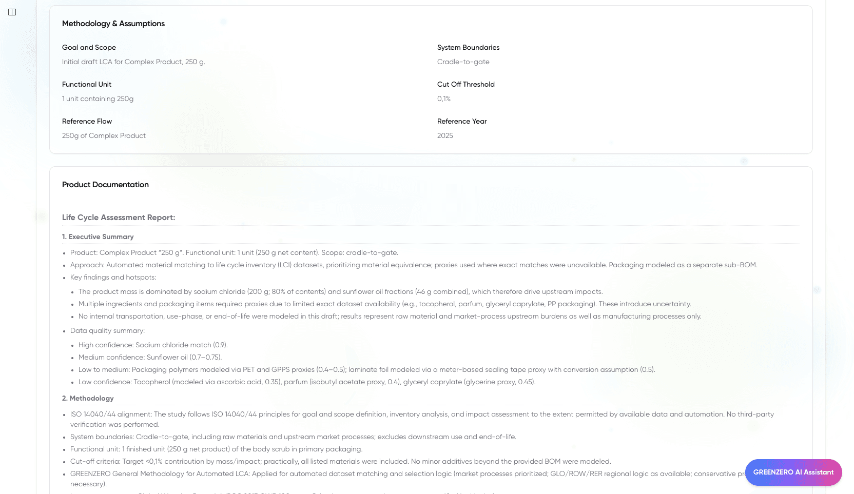 GREENZERO Journey - Calculation reasoning view showing transparent methodology and audit trail